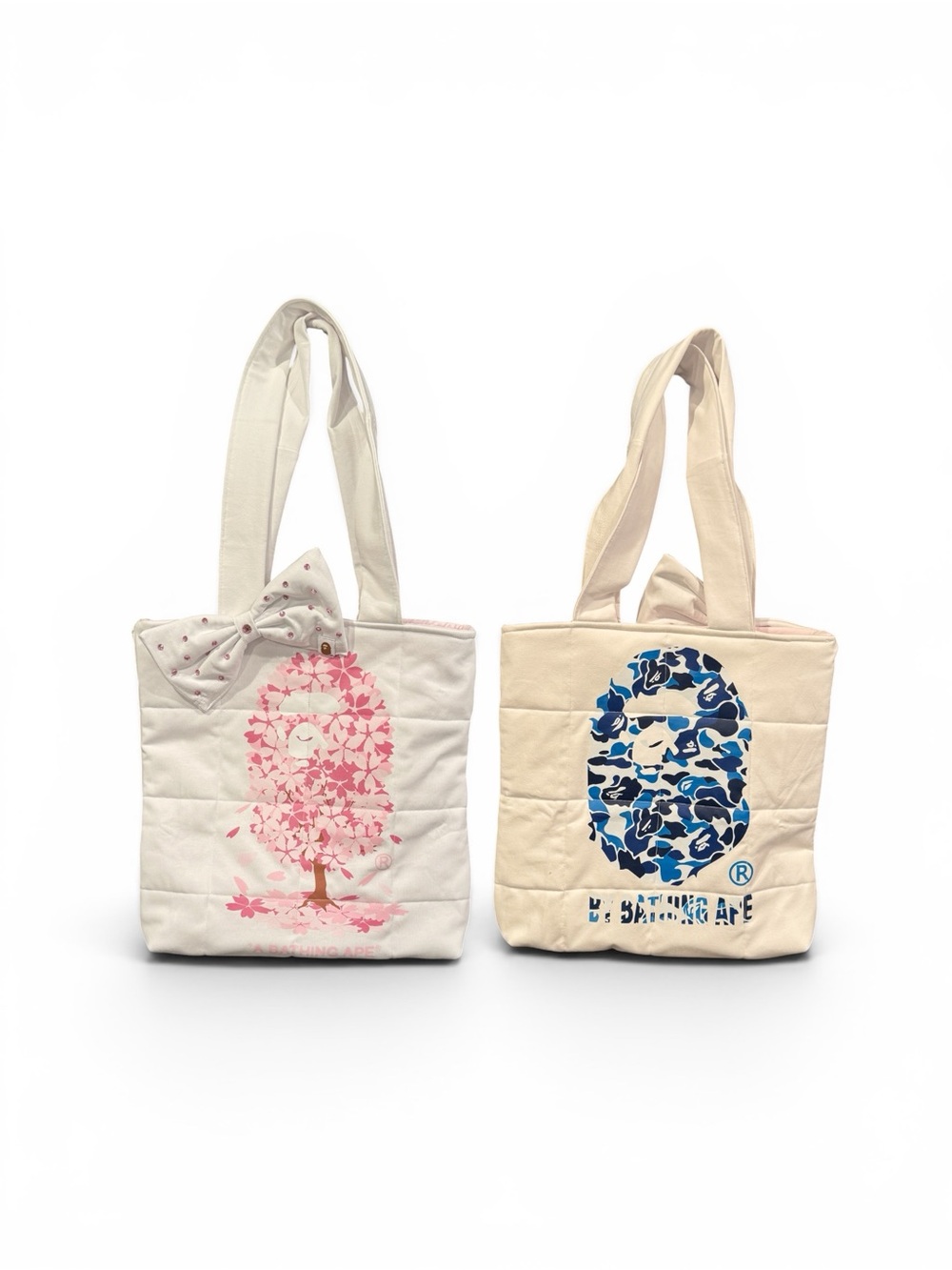 Handmade BAPE Women's White Tote Bag with Pink and Blue Graphic